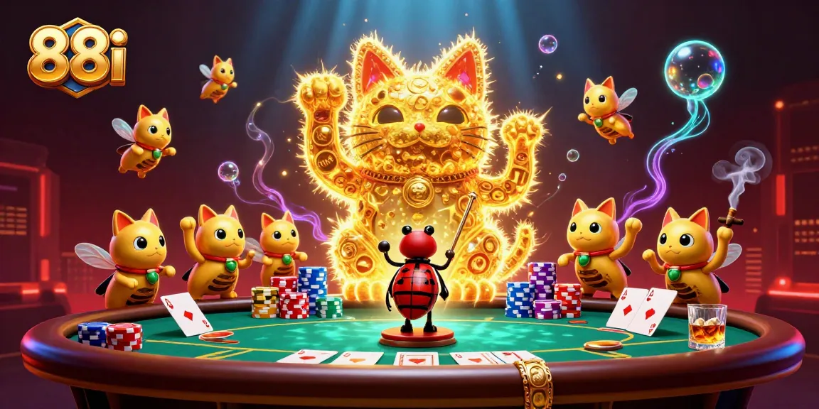 88i showcases a vibrant scene with a lucky cat surrounded by poker elements and dynamic casino symbols.