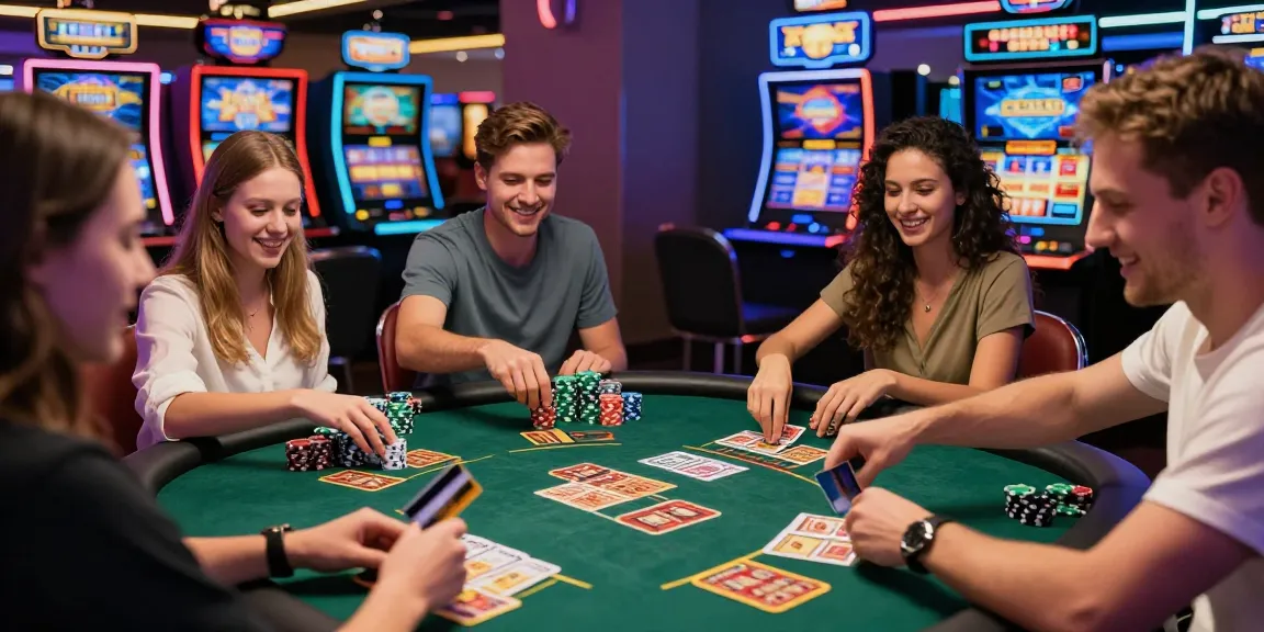Top credit card casinos scene with friends enjoying card games and vibrant gaming machines, emphasizing excitement and celebration.