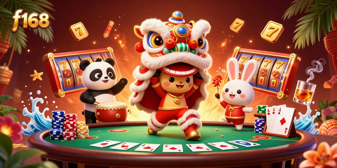 Engage with f168's vibrant casino scene featuring a dynamic lion dance, drumming panda, and slot game elements.