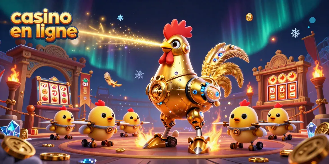 Vaincre avec casino en ligne : illustration dynamique de robot coq futuriste et drones volants.