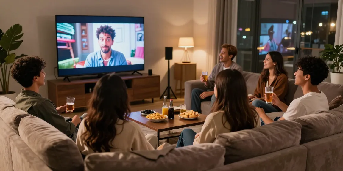 Friends enjoying asiabf adult films in a cozy urban setting with snacks and drinks.