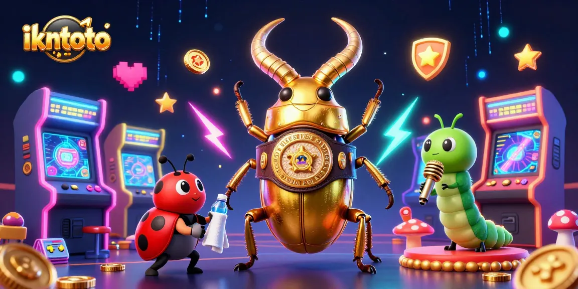 Engage with ikntoto's vibrant casino world featuring a boxing beetle and arcade elements.