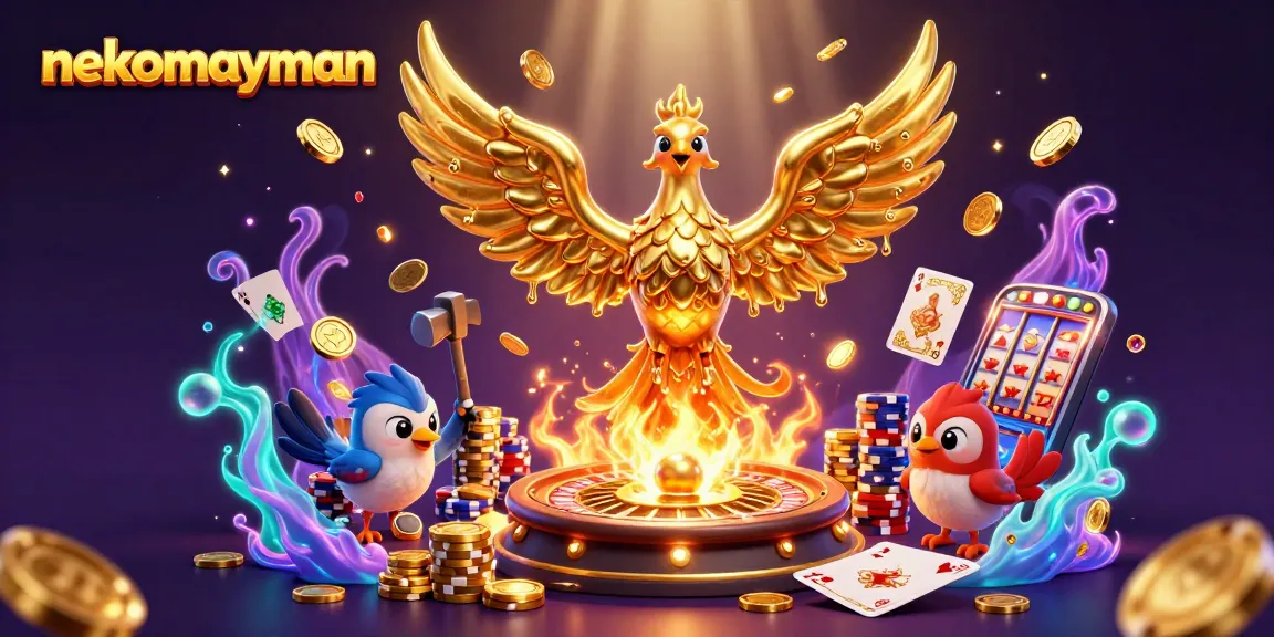 Experience thrilling gameplay at nekomayman with a dynamic scene of golden phoenix and casino elements.