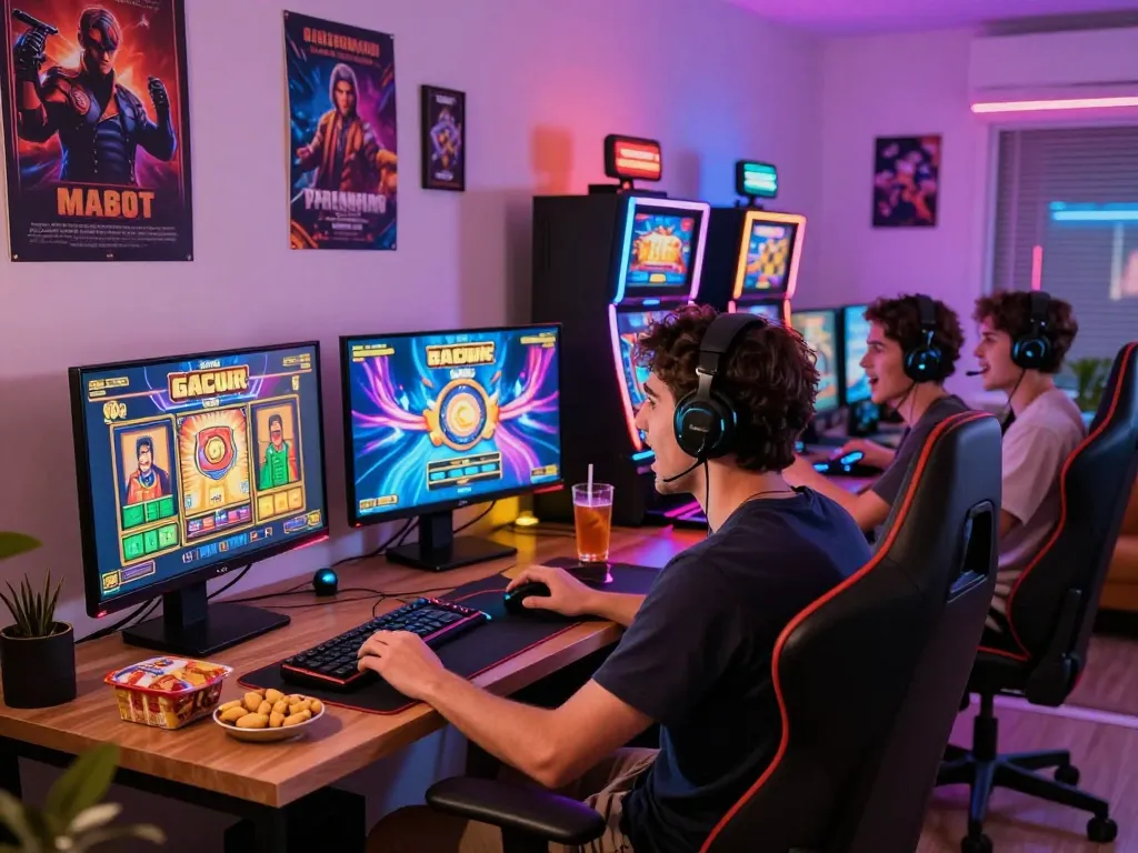 Engaging player enjoying slot gacor games in vibrant gaming setup with colorful screens and snacks.
