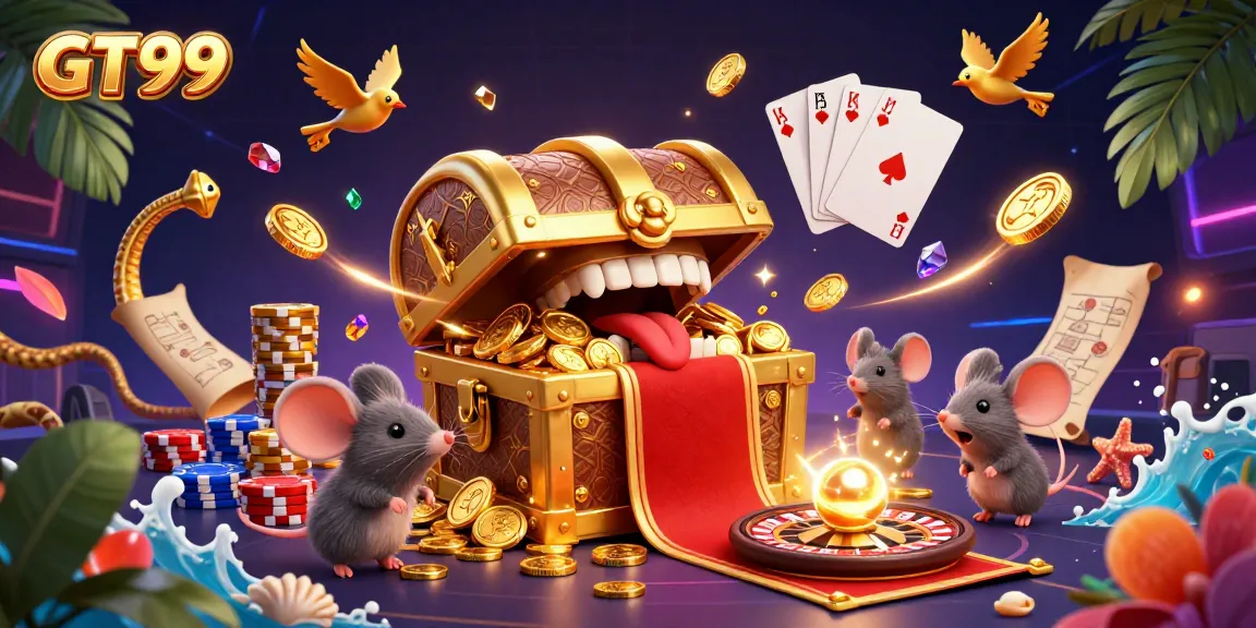Experience GT99's thrilling casino adventure with animated golden treasures, vibrant chips, and captivating game elements.
