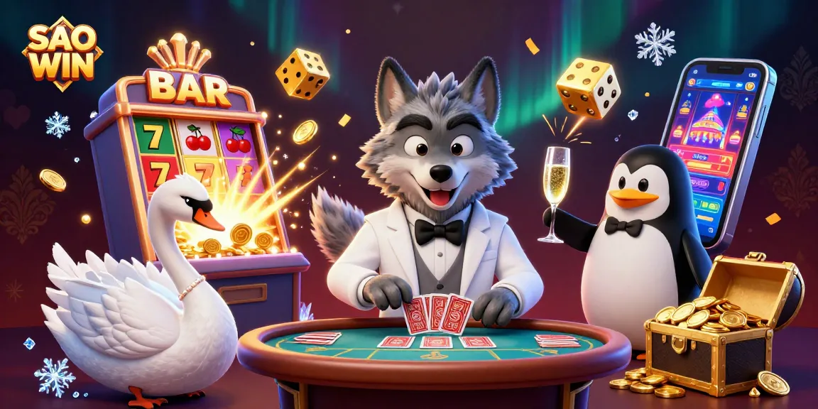 Experience SAO WIN with a wolf dealer at baccarat, joined by a swan and penguin, amidst exploding jackpots and gold coins.