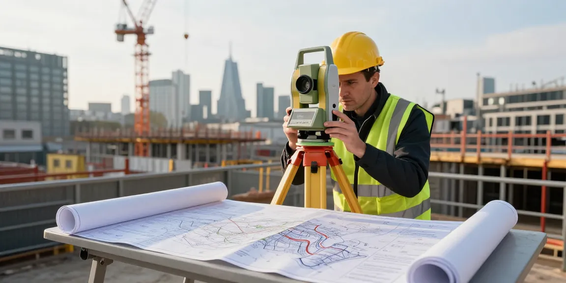 Topographical surveys London & Surrey with surveyor using a total station at an urban construction site.