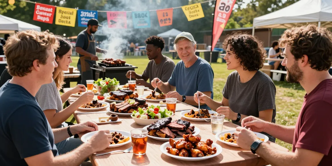 People enjoying Calgary's best franchise Alberta BBQ dishes at a vibrant outdoor festival.