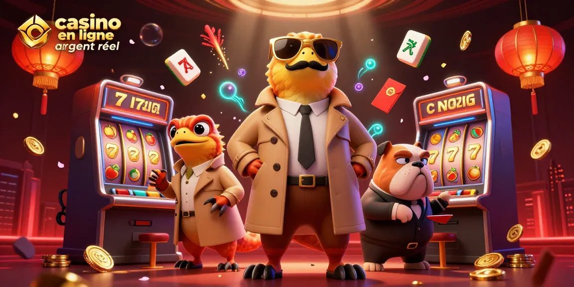 Ce visuel met en scène des rapaces en trench coat tentant d'entrer dans un casino en ligne argent réel, entourés d'éléments festifs.