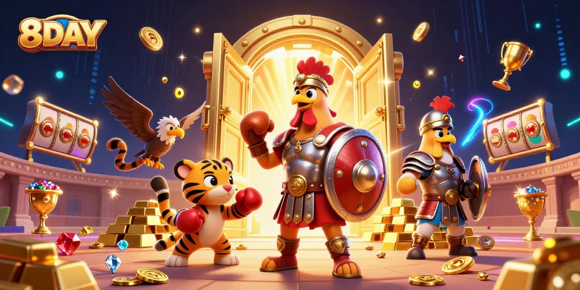 Engage with 8DAY's vibrant casino scene featuring a rooster gladiator and jackpot elements, enhancing your gaming experience.