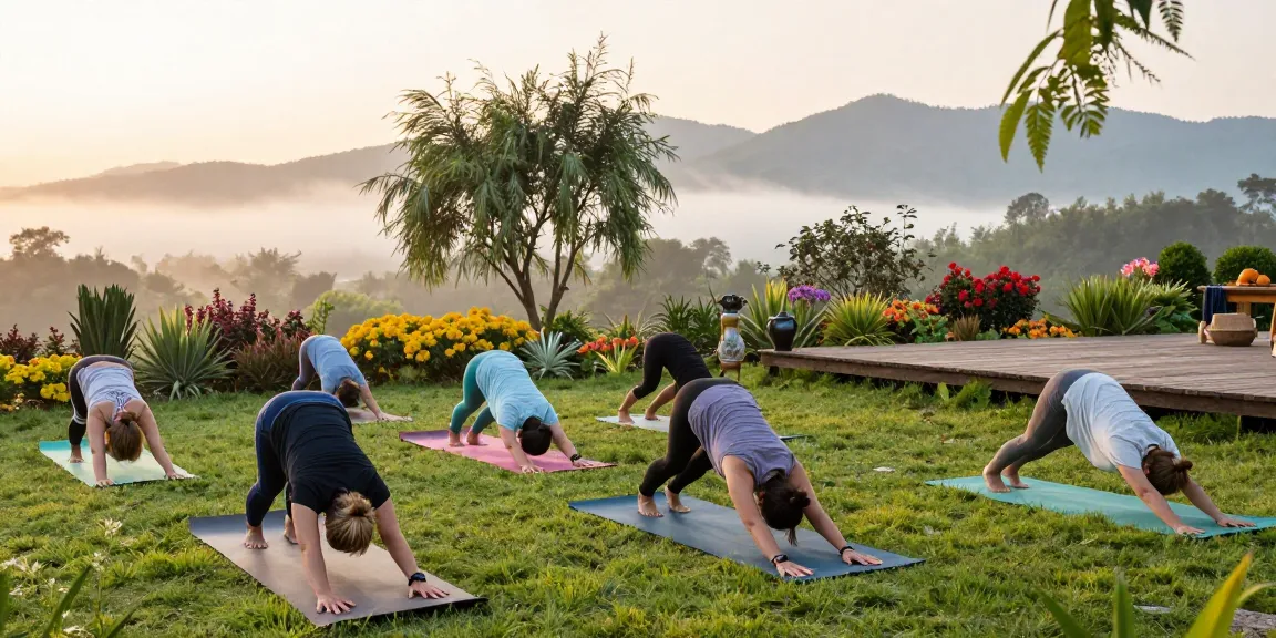 Group practicing yoga at a wellness retreat during sunrise in a serene outdoor setting.