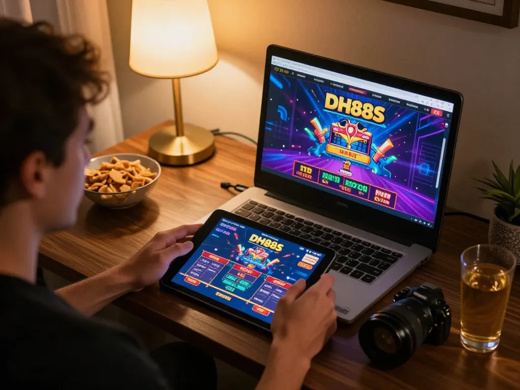 Engaging gaming session at home using trang chu dh88 to place bets on a colorful online casino interface.