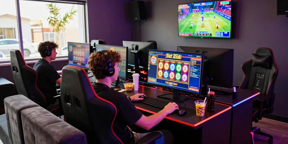 Exciting Slot Zeus gaming scene with players engaged at their desks, high-energy atmosphere and vivid graphics.