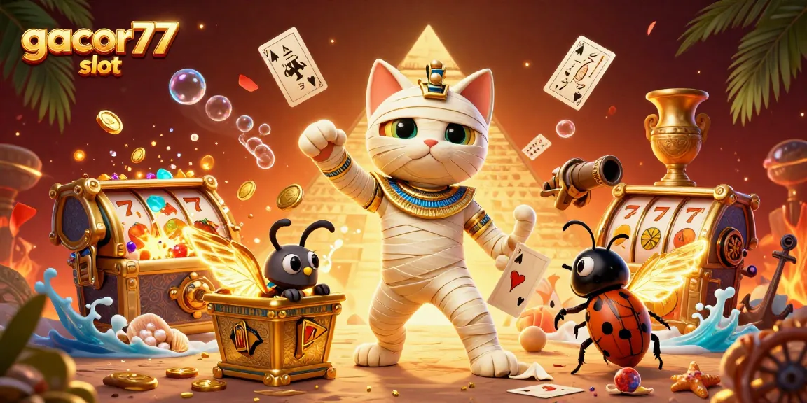 Permainan gacor77 slot menghadirkan kucing mummy Mesir 3D dan skarab bersinar dalam suasana kasino piramida yang menarik.