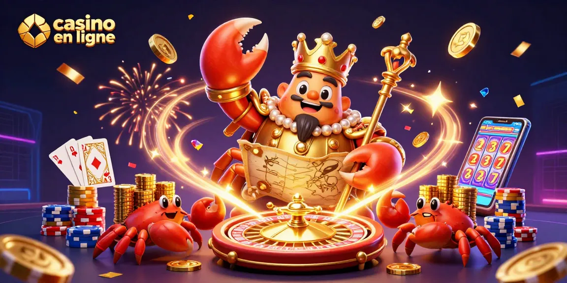 Vivez l'excitation d'un casino en ligne avec un crabe doré royal entouré de jeux et de jetons colorés.
