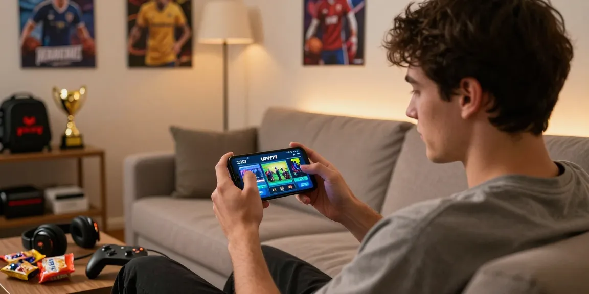 Pengguna memainkan aplikasi ufo777 di smartphone sambil duduk santai di ruang tamu, dikelilingi aksesori gaming.