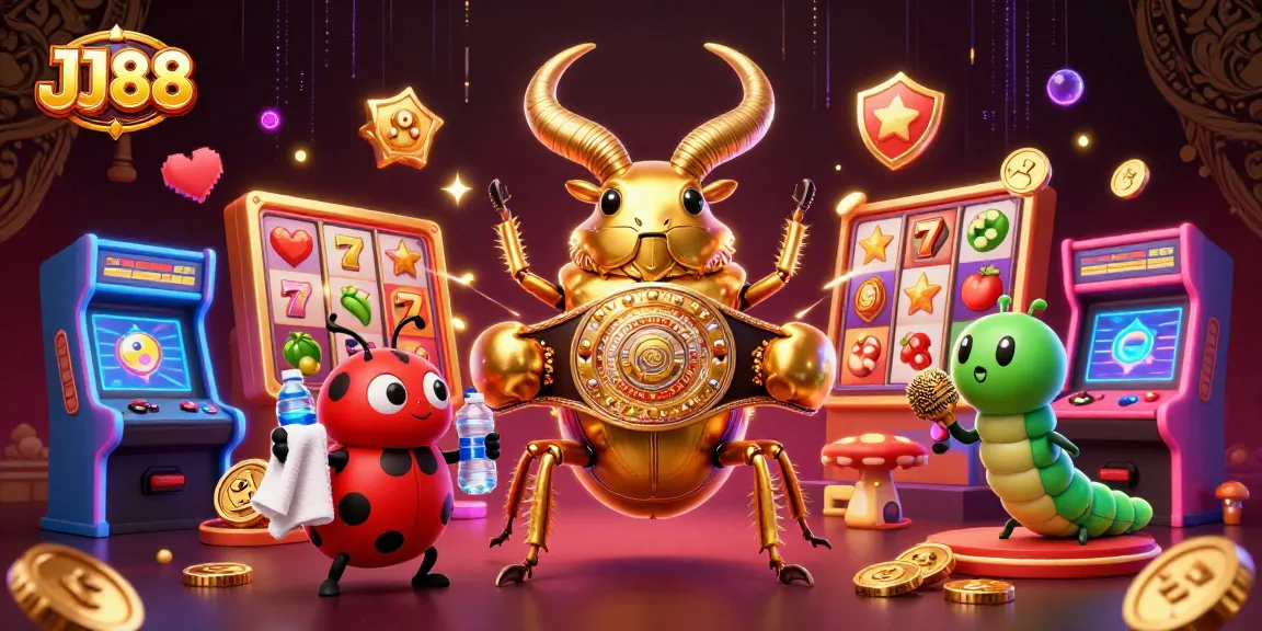 Experience the thrilling world of JJ88 with a vibrant casino scene featuring 3D characters and slot machines.