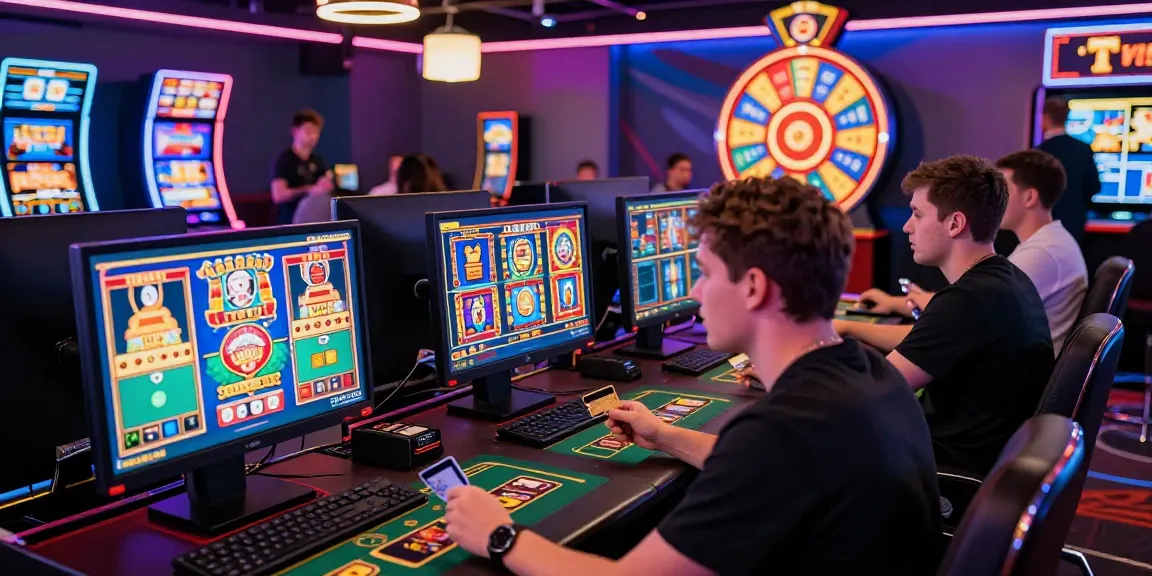 UK players enjoying thrilling gameplay at credit card casinos from https://chps.org.uk/, showcasing vibrant gaming atmosphere with neon lights.