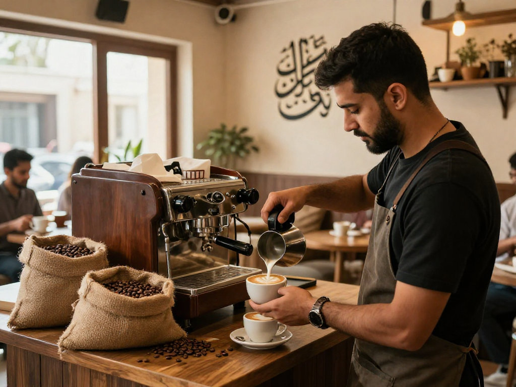 قهوجي الرياض يعد القهوة ببراعة في مقهى مريح.