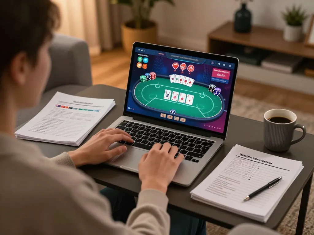 Engaging online gaming scene at the best widget store with a player managing poker strategy.