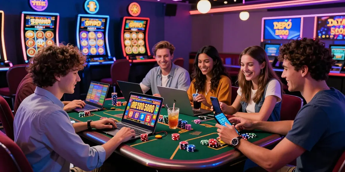 Engaging moment at an online casino with friends playing slot depo 5000 games on mobile devices, colorful chips and dynamic screens in a lively atmosphere.