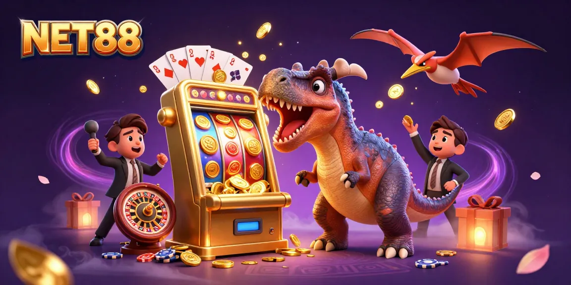 NET88 celebrates jackpots with a dynamic 3D scene featuring playful dinosaurs and slots.