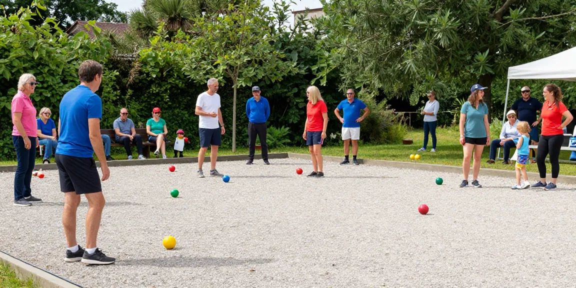 Latihan petanque di fopikotabitung.org, pemain lokal berpartisipasi dalam pertandingan ramah dengan batu petanque berwarna-warni di lapangan berkerikil.