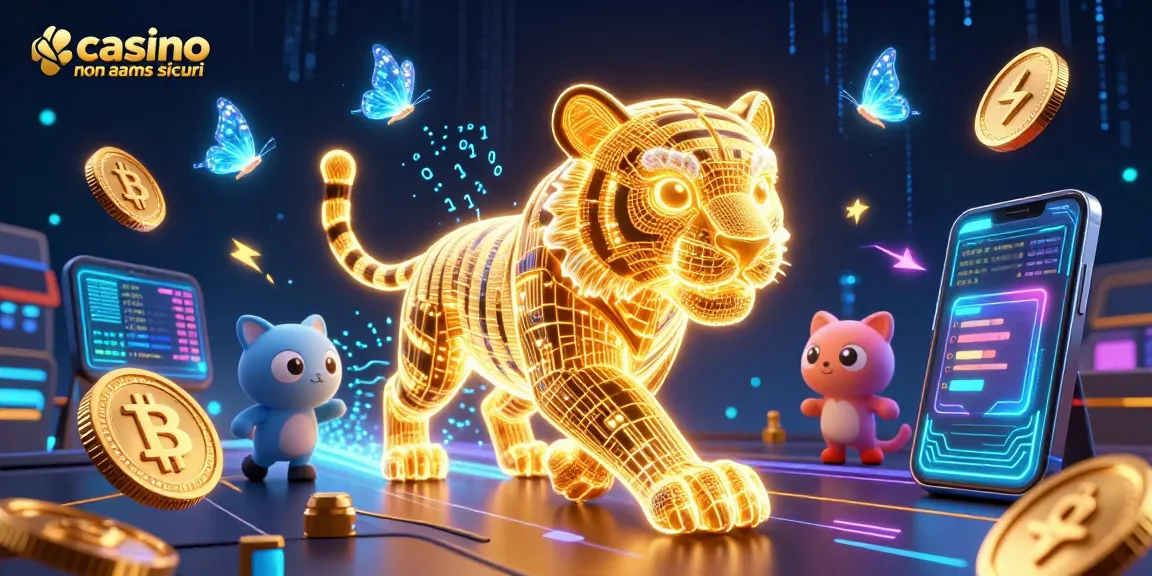 Giocare ai casino non AAMS sicuri con il tigre dorato in un paesaggio digitale, circondato da criptovalute.