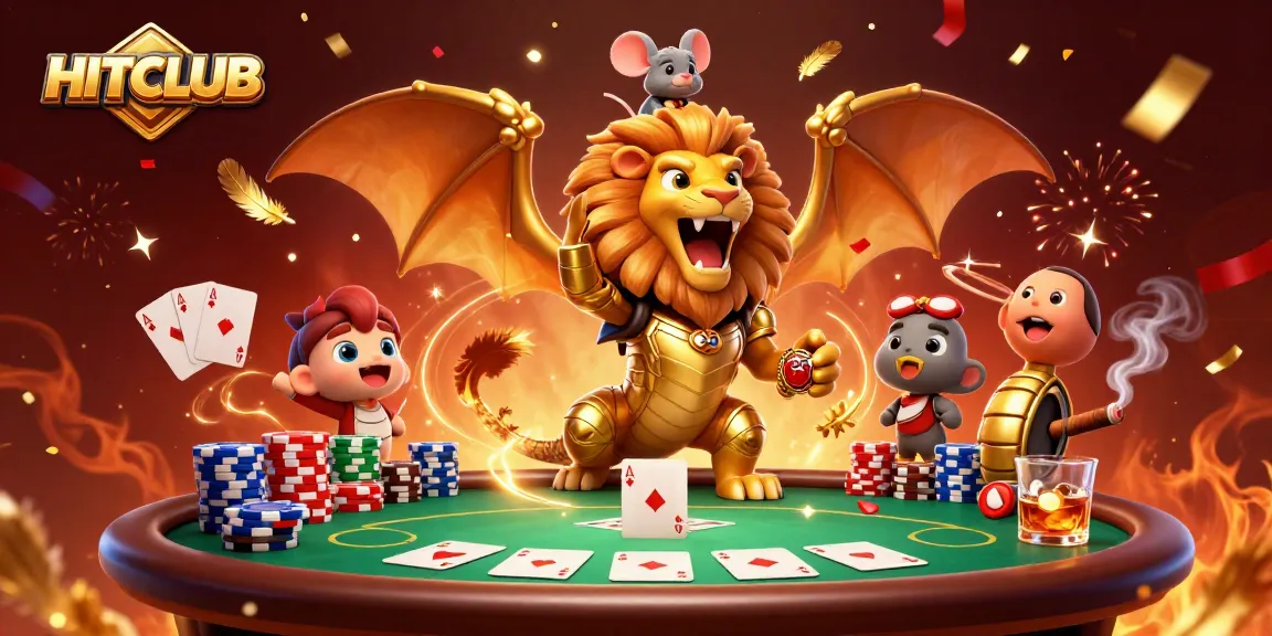 Engage in excitement at HITCLUB with a vibrant poker scene featuring a roaring chimera, poker chips, and confetti.