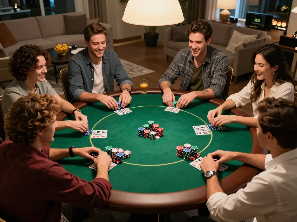onbet players enjoying a lively home poker game night surrounded by friends and snacks