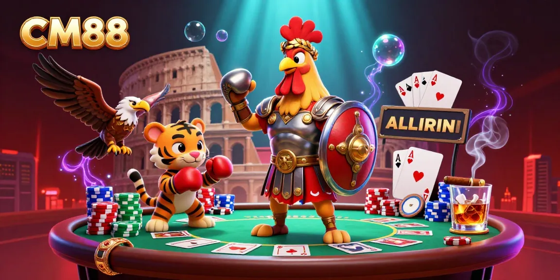 Experience the excitement of CM88 with 3D gladiator rooster and tiger cub in a vibrant casino scene.