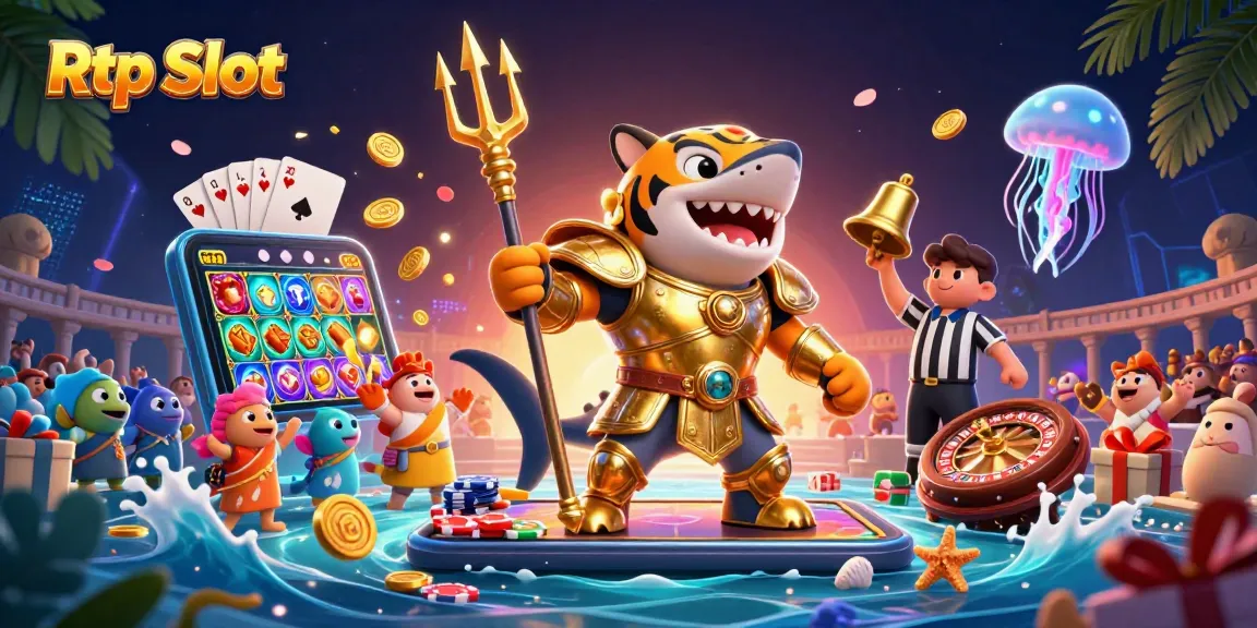 Engage with Rtp Slot as a tiger shark in gladiator armor wields a trident amidst dynamic gambling elements.