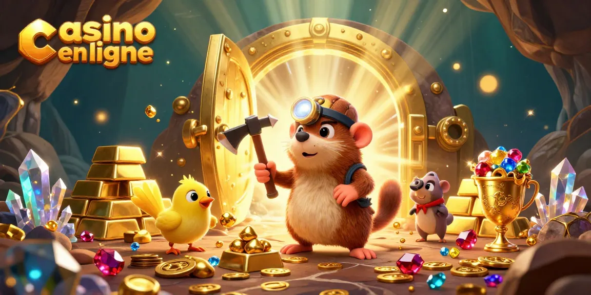 Plongez dans l'univers du casino en ligne avec cette illustration captivante d'une taupe et son canari cherchant des trésors.