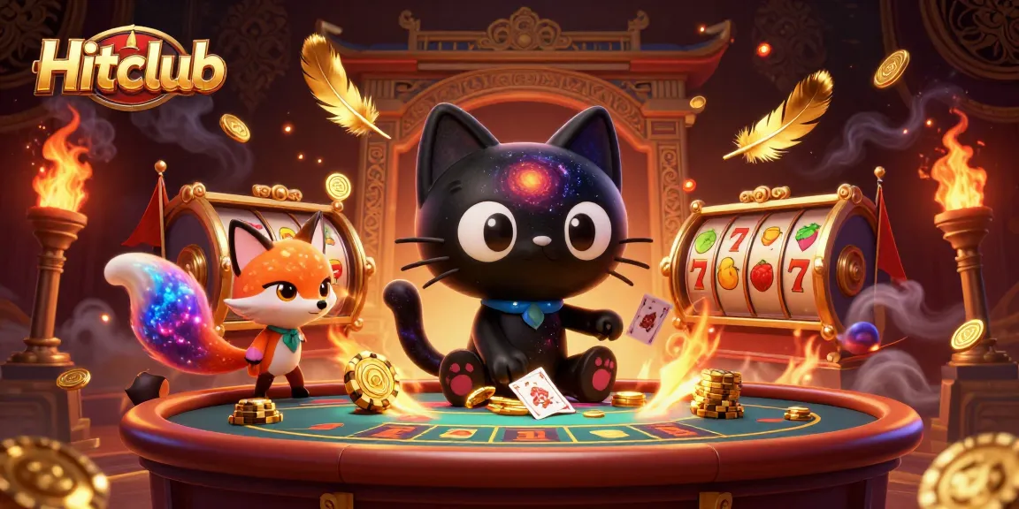 Experience the cosmic allure of Hitclub as the black hole cat spins golden chips and cards at a vibrant slot table.