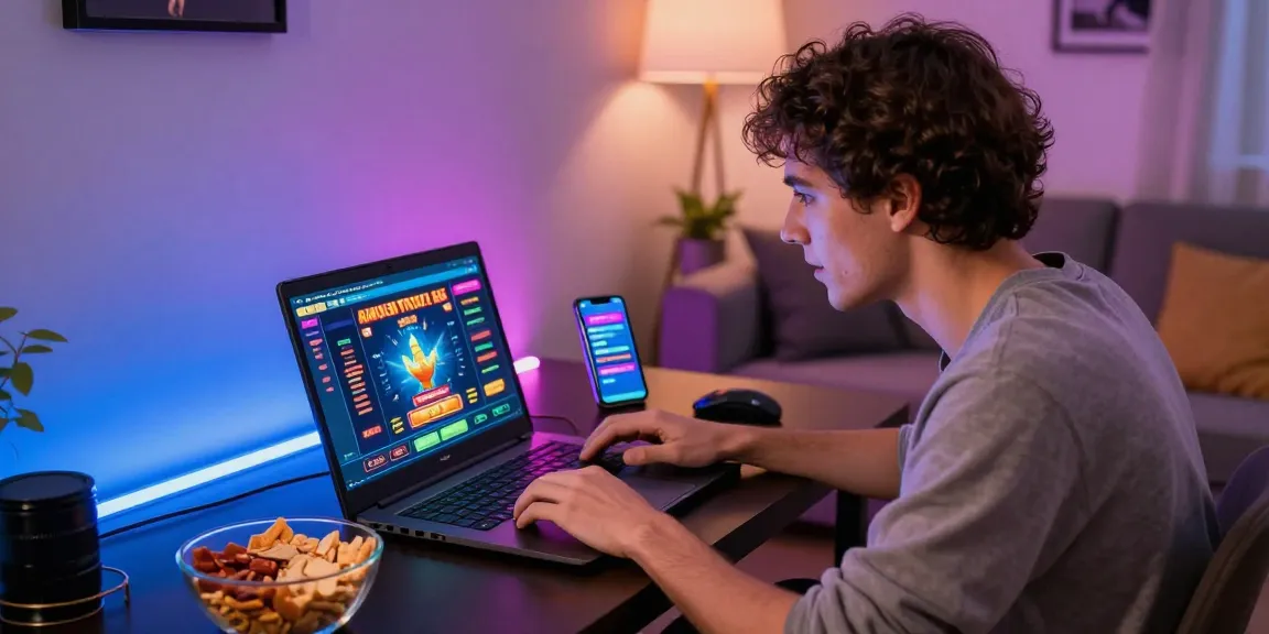 Joueur actif sur un casino fiable en ligne, ambiance chaleureuse et immersive avec éclairage LED.