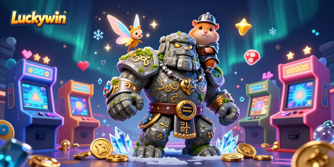 Experience Luckywin's magical gaming world with animated characters and colorful casino elements.