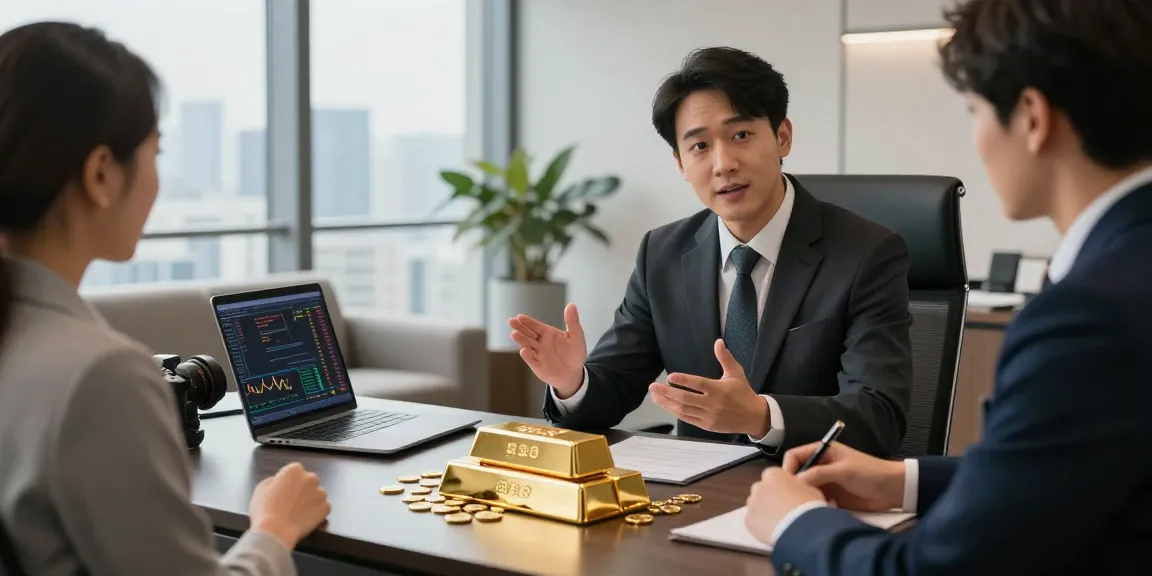 Financial advisor discussing gold investment strategies with client and gold bar on the table.