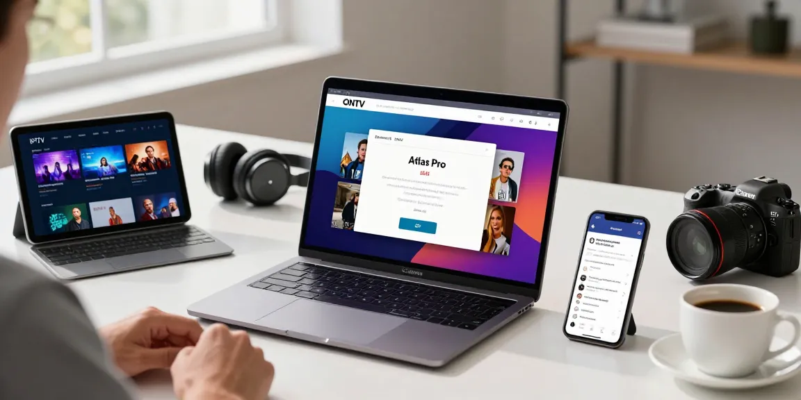 Téléchargement de l'application Atlas Pro ONTV sur un ordinateur portable avec des offres IPTV visibles à l'écran