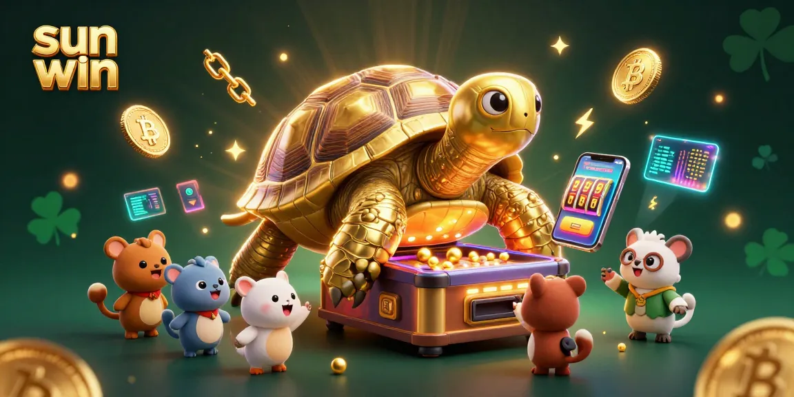 Play exciting casino games at sun win, featuring a golden tortoise pinball machine surrounded by crypto icons.