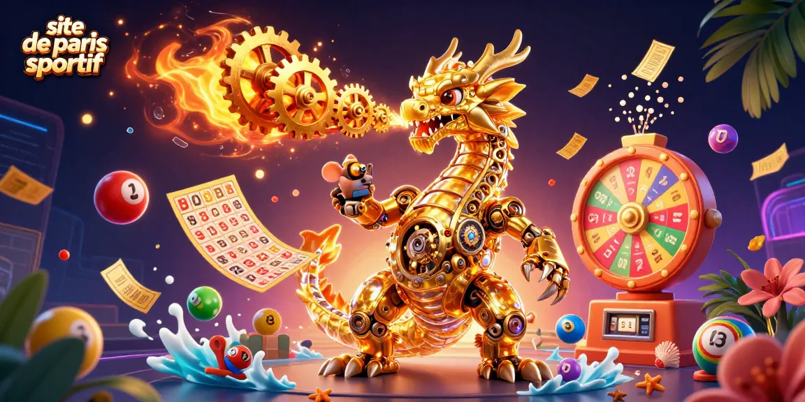 Le site de paris sportif rassemble un dragon d'or 3D rempli d'engrenages, entouré de ballons de loterie colorés et d'éléments dynamiques.