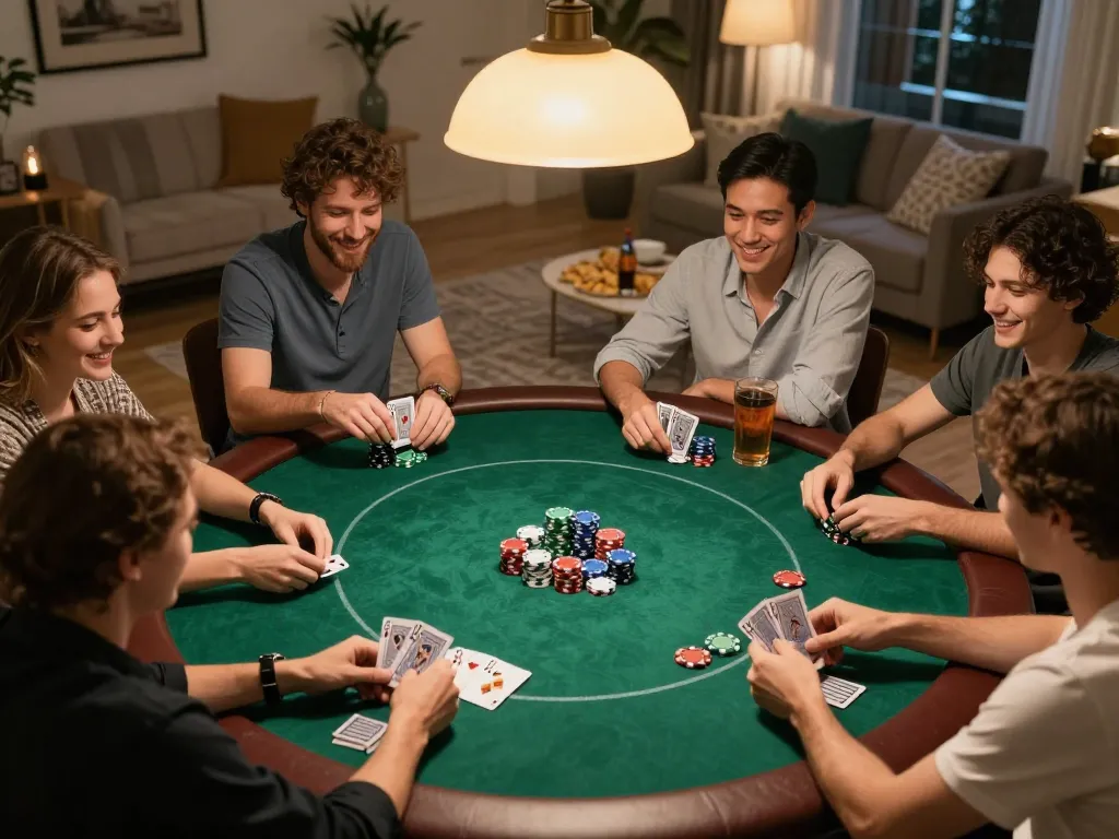 Friends enjoy a lively poker night at home, playing MM 88 with colorful chips and cheerful atmosphere.