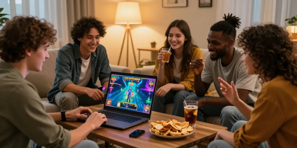 Scène de jeu en ligne casino en ligne avec un groupe d'amis profitant d'une session de jeu conviviale.