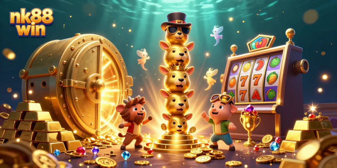 Spin and win big with nk88 win in this vibrant casino-themed illustration filled with treasures.