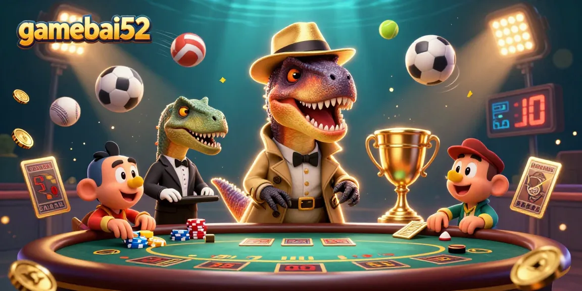 Experience gamebai52 at a vibrant blackjack table with dynamic sports elements and animated characters.