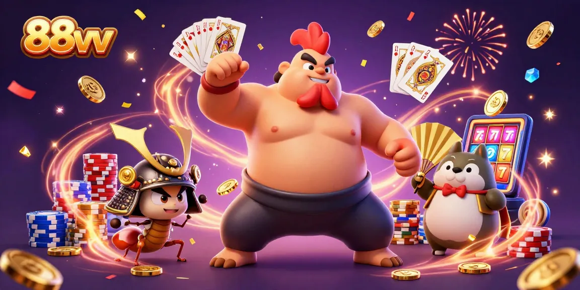 Experience the thrill of 88vv with a vibrant casino scene featuring a sumo rooster and lucky symbols.