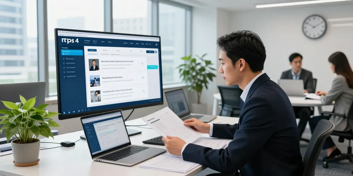 Dynamic government office scene showcasing the rtps 4 platform for public services, with officials engaged in collaboration and technology.