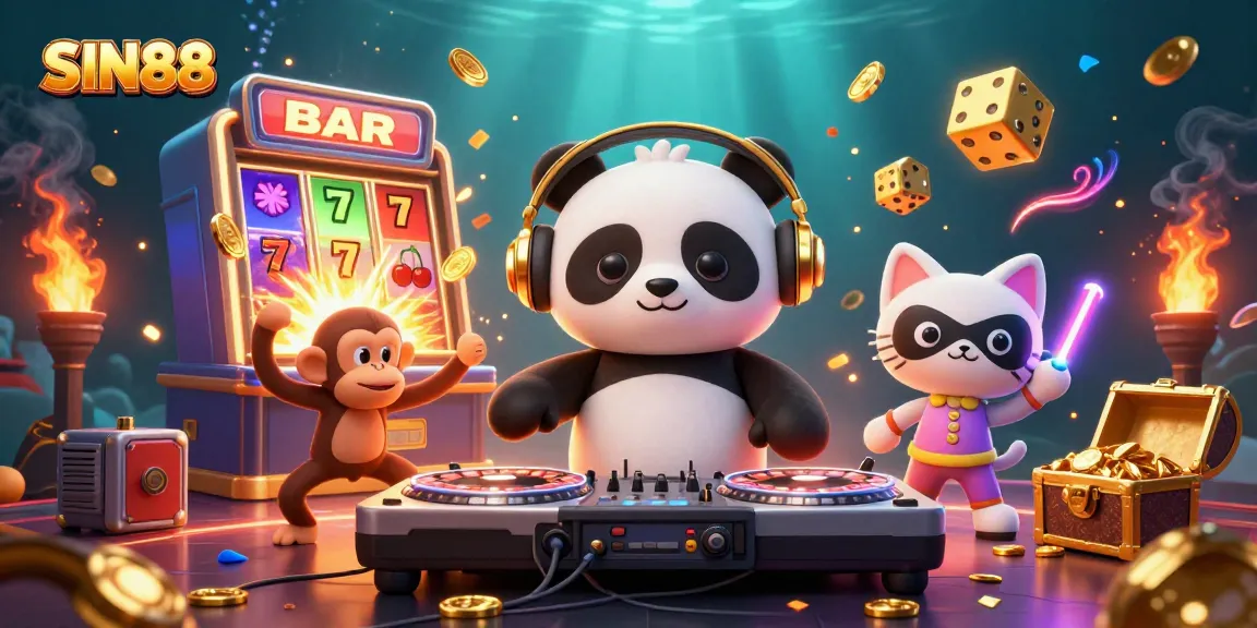 SIN88 captures the excitement of gaming with vibrant characters and a jackpot-themed explosion around a DJ panda.