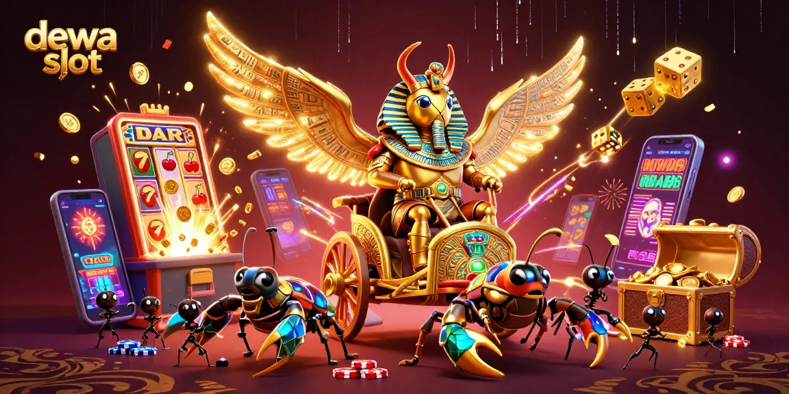 Experience the excitement of dewa slot with a vibrant casino illustration featuring winning symbols and dynamic characters.
