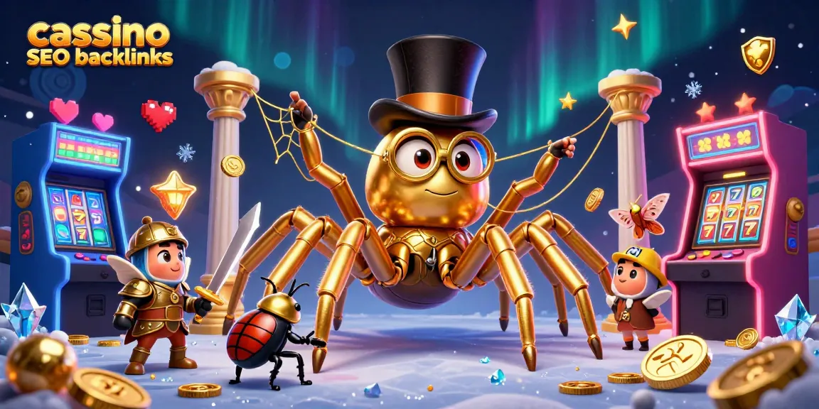 Engage with vibrant casino SEO backlinks featuring golden tarantula weaving a game-filled web.