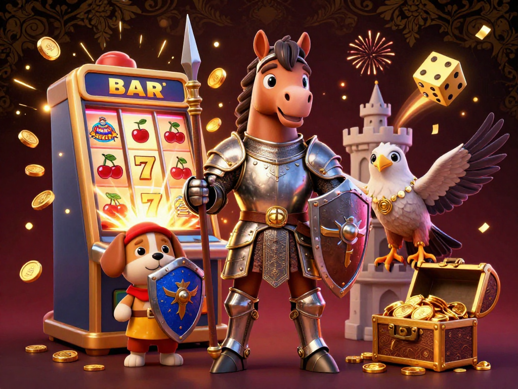 Experience a stunning casino scene with medieval knight, squire, and falcon amidst grand jackpots.